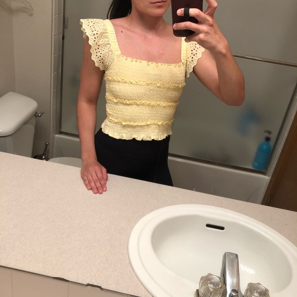 Topshop yellow shirred frill sleeve top - Picture 4 of 5